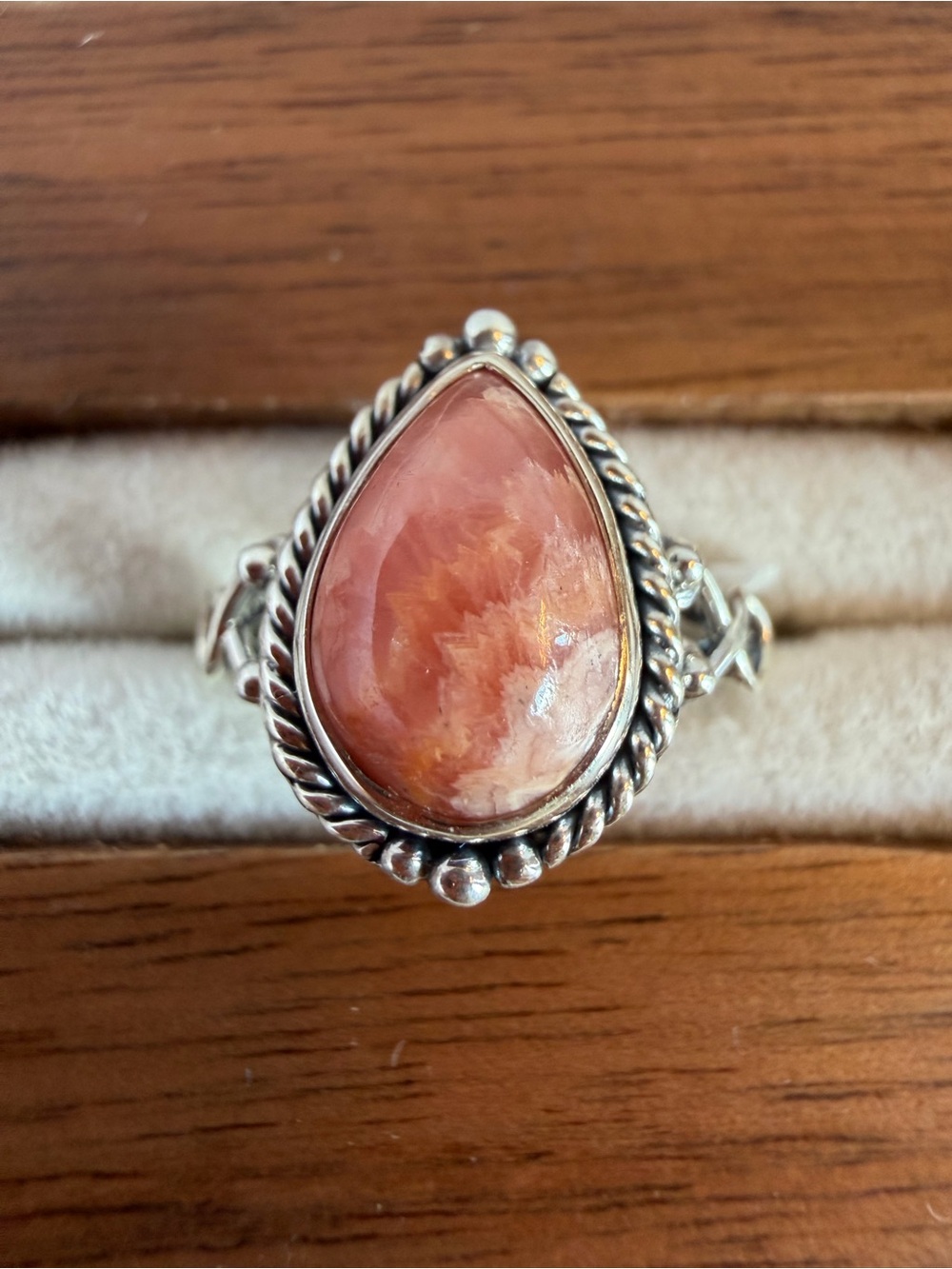 925 Sterling Silver Natural Rhodochrosite Teardrop Ring